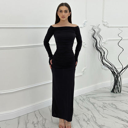 off the Shoulder off Neck Tight Pleated Side Split Dress