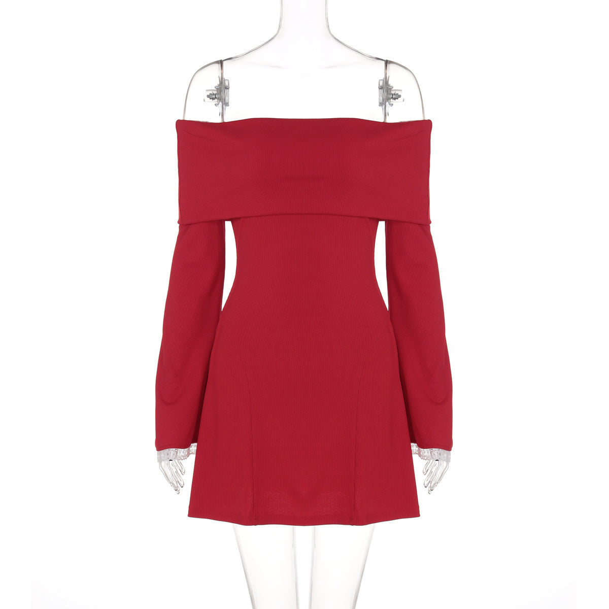 off Shoulder Horn Long Sleeve Short Dress Lace Slim Fit Dress