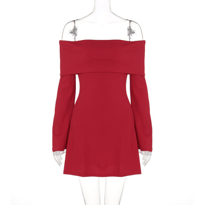 off Shoulder Horn Long Sleeve Short Dress Lace Slim Fit Dress