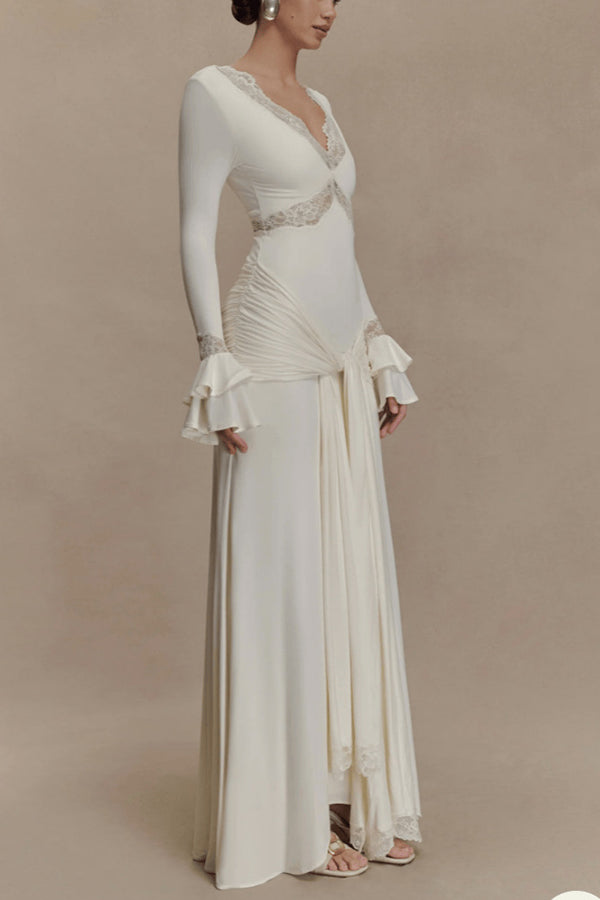 Fashion Lace Splicing Sexy V-neck Long-sleeved Slim Maxi Dress