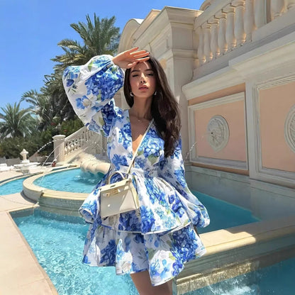 Large Floral Print Deep V-Neck Puff Sleeve Cinched Waist Tiered Ruffle Mini Dress