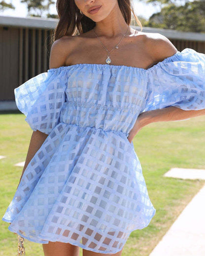 Off Shoulder Puff Sleeve Windowpane Organza Shirred Mini Dress