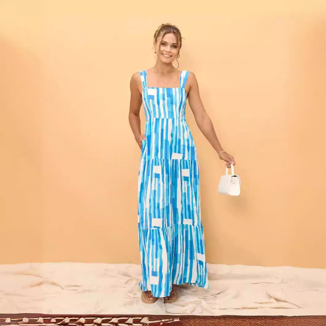 Square Neck Tiered Abstract Stripe Print Spaghetti Strap Maxi Dress