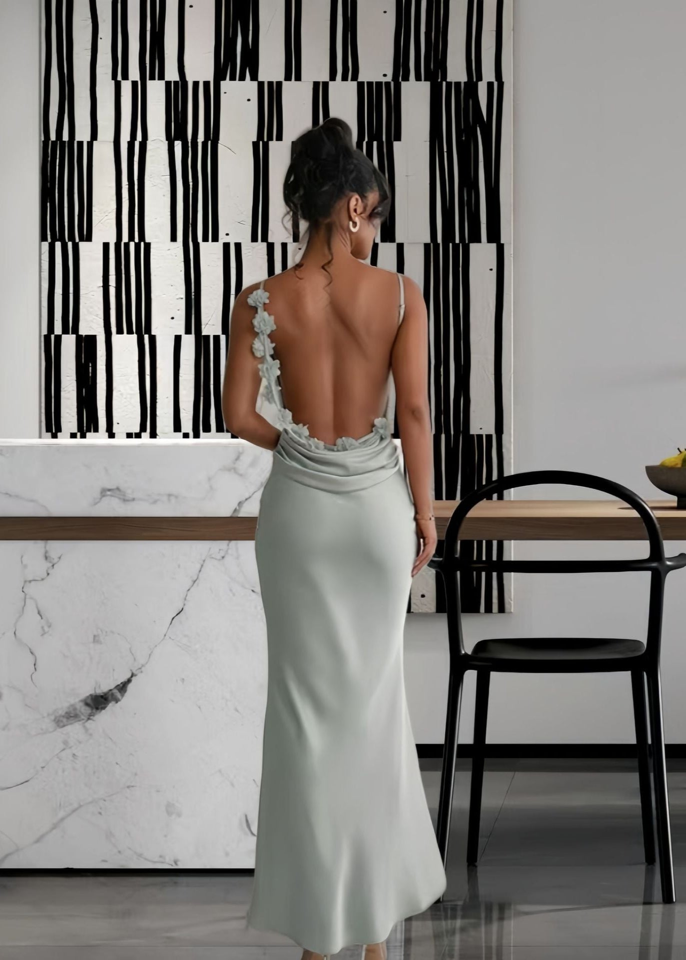 Satin Cowl Neck Spaghetti Strap Trumpet Hem Bodycon Maxi Gown