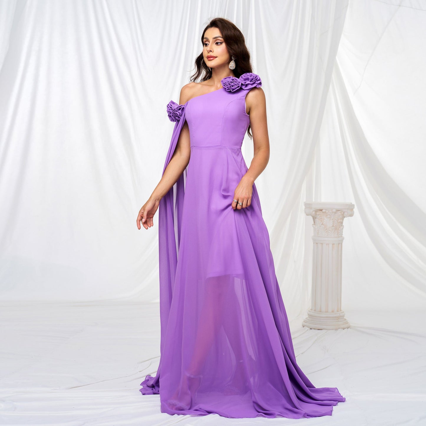 One Shoulder Diagonal Collar Long Cocktail Evening Dress Bridesmaid Dress Waist-Controlled Large Hem