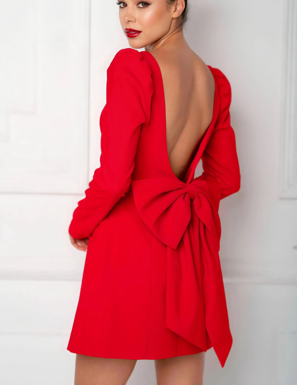 Women's party dress fluffy shoulder long sleeved back bow detail mini dress