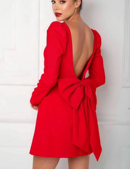 Women's party dress fluffy shoulder long sleeved back bow detail mini dress