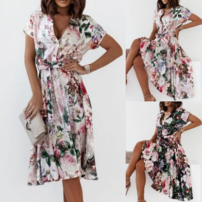 Large Floral Print Button Front Tie Waist Shirt Midi Dress