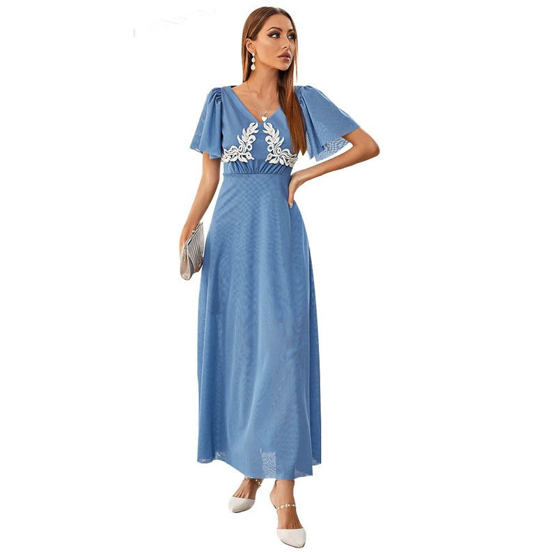 Elegant V neck Stitching Lace Sleeve Dress