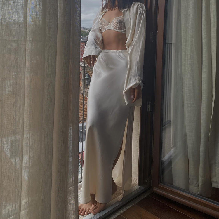 High Waist Satin Bias Cut Draped Pool Hem Maxi Skirt
