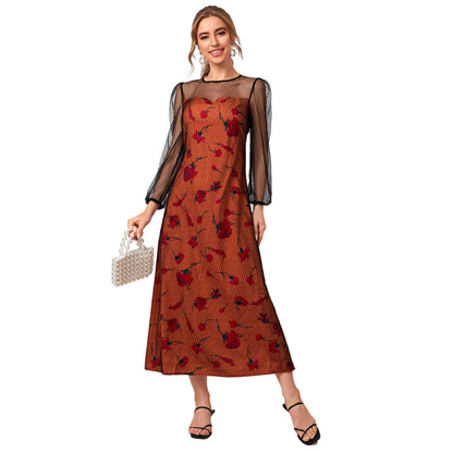round Neck Long Sleeve Elastic Waist Long Patchwork Elegant Dress