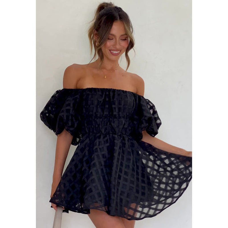 Off Shoulder Puff Sleeve Checkered Sheer Grid Babydoll Mini Dress