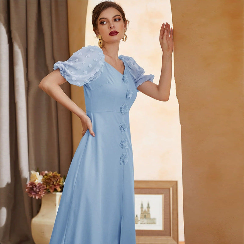 Sweetheart Neck Short Puff Sleeve Floral Applique Swiss Dot Maxi Dress