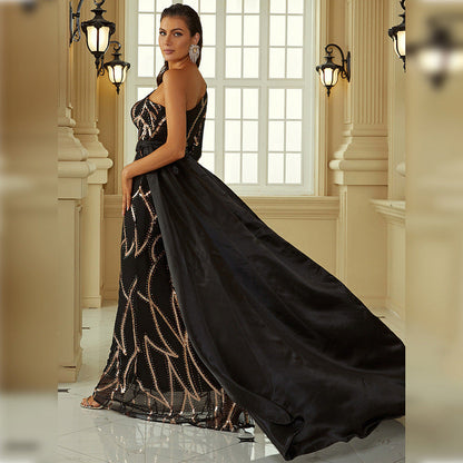 High End Banquet off Shoulder Sheath Small Tail Bridesmaid Dress Evening Dress