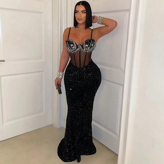 Velvet Sequined Party Dress Dress Rhinestone Strap Dress Sheath