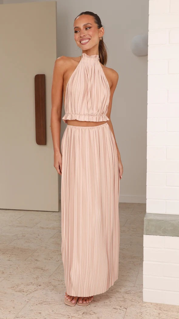Halter Neck Ruffle Collar Accordion Pleat Open Back Maxi Dress