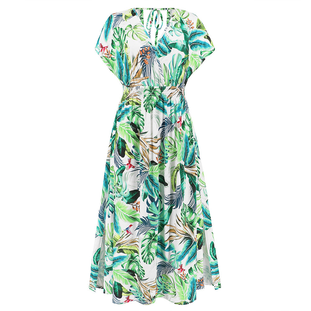 Fashionable Batwing Sleeve V neck Backless Lace up Dress Printed