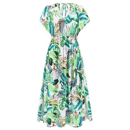 Fashionable Batwing Sleeve V neck Backless Lace up Dress Printed