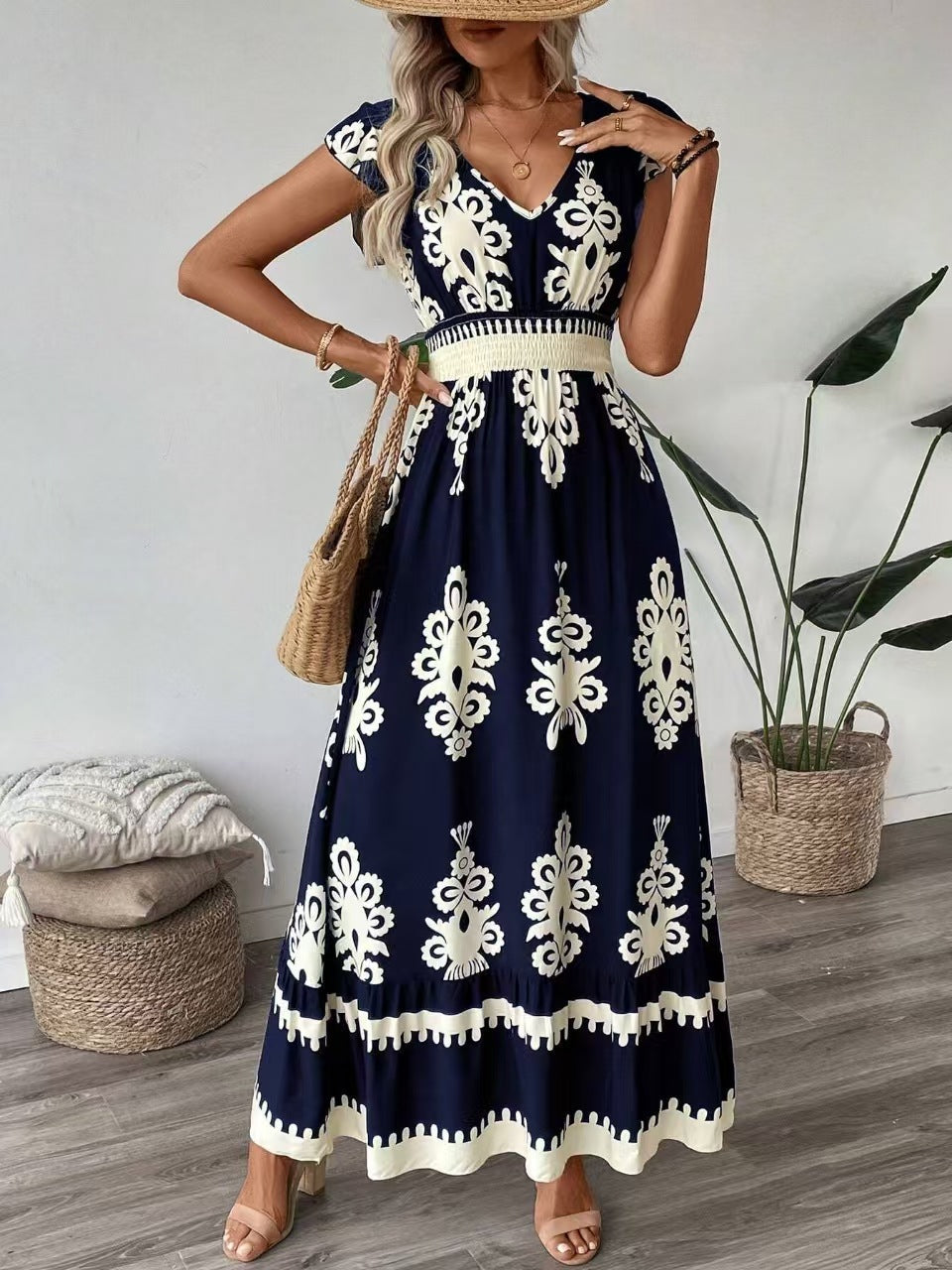 Ornamental Print V-Neck Cap Sleeve Smocked Waist Tiered Hem Boho Maxi Dress