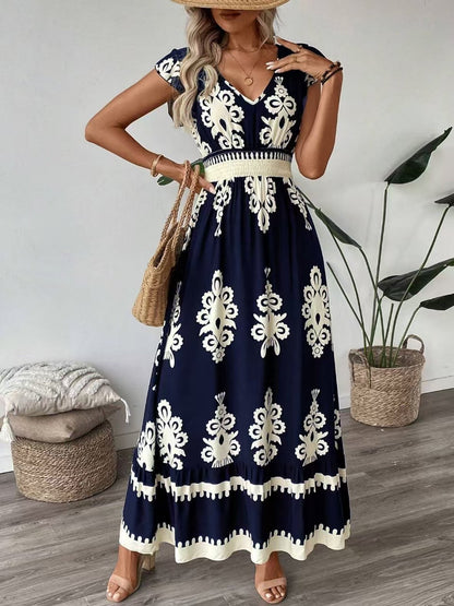 Ornamental Print V-Neck Cap Sleeve Smocked Waist Tiered Hem Boho Maxi Dress