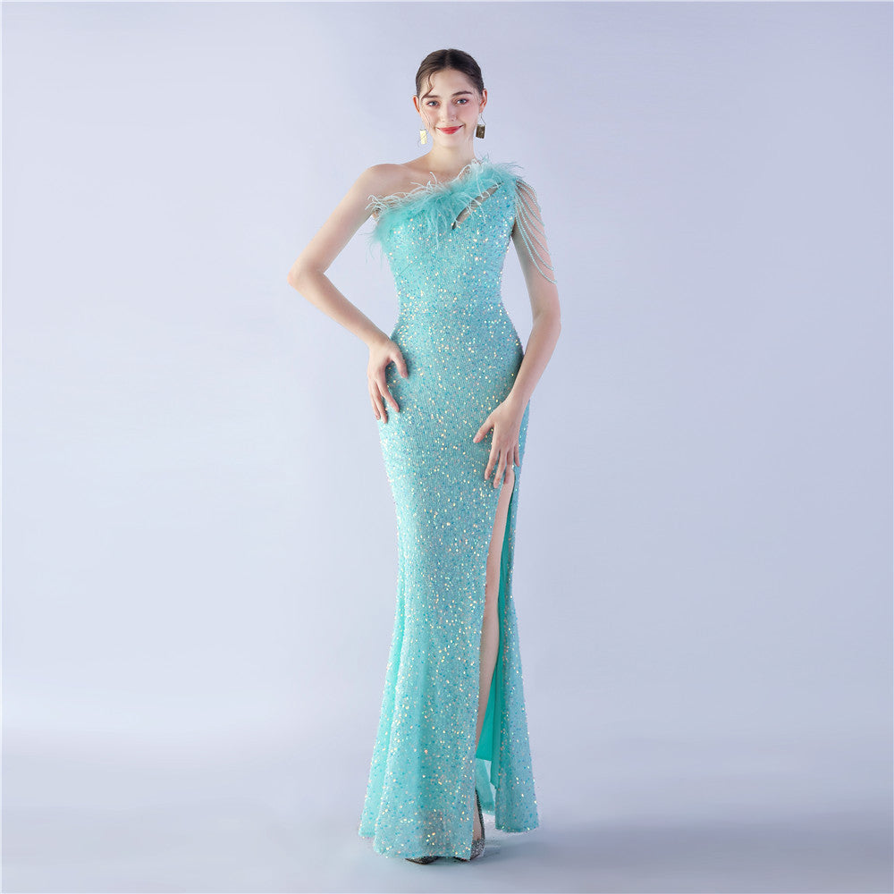 Ostrich Hair Craft Oblique Shoulder Side Slit High End Evening Dress