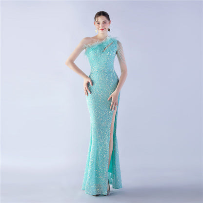 Ostrich Hair Craft Oblique Shoulder Side Slit High End Evening Dress