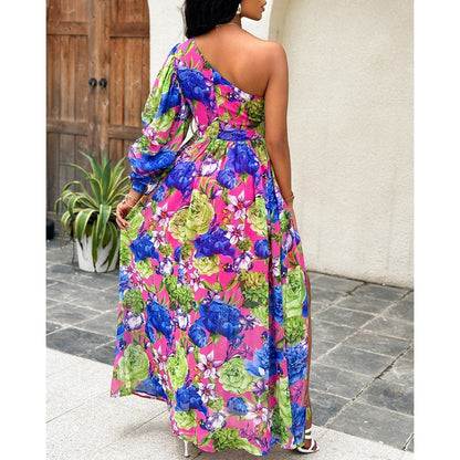 Floral Print One-Shoulder Lantern Sleeve Belted High Slit Maxi Dress