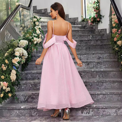 Sweetheart Spaghetti Strap Cold Shoulder Swiss Dot Corset Bodice Maxi Dress