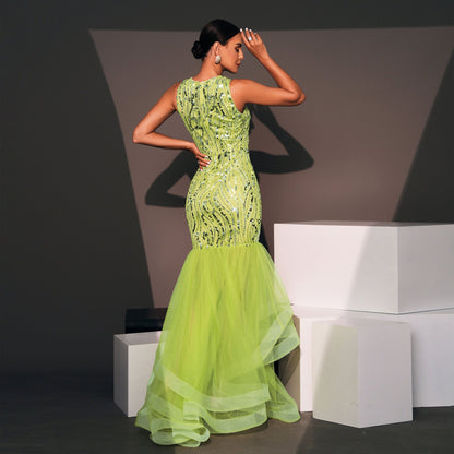 Elegant Long Sequined Sleeveless Round Neck Cocktail Evening Dress Bridesmaid Dress