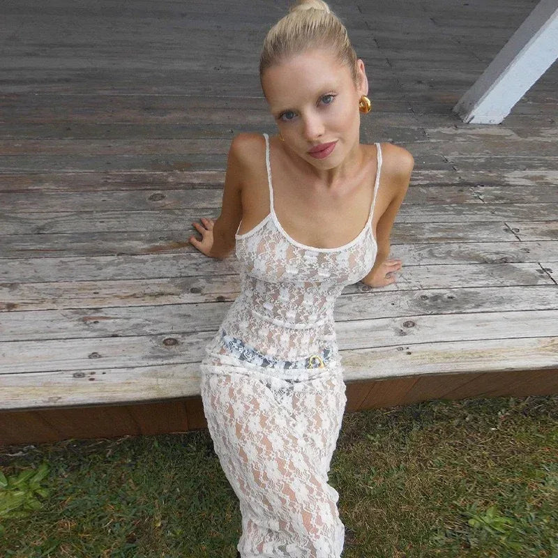 Sheer lace camisole midi dress for women