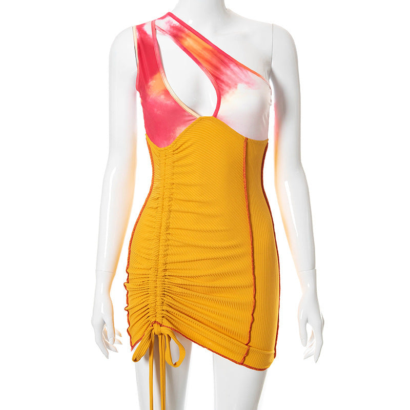 One Shoulder Tie Dye Print Panel Ribbed Ruched Drawstring Side Bodycon Mini Dress
