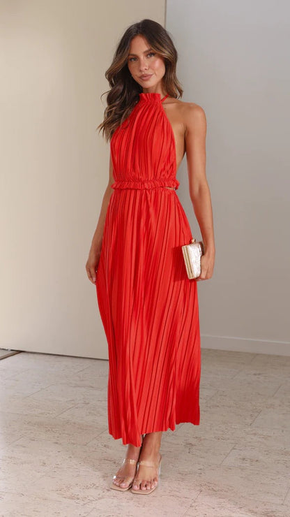 Halter Neck Ruffle Collar Accordion Pleat Open Back Maxi Dress
