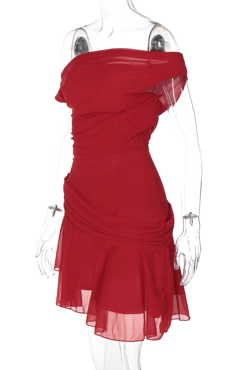 One Shoulder Ruched Draped Chiffon Tiered Asymmetrical Hem Mini Dress