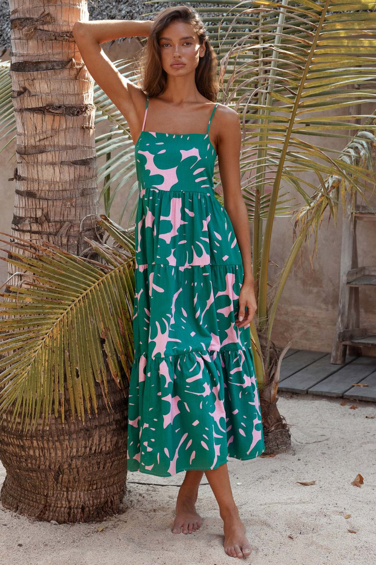 Spaghetti Strap Tiered Botanical Leaf Print Maxi Dress
