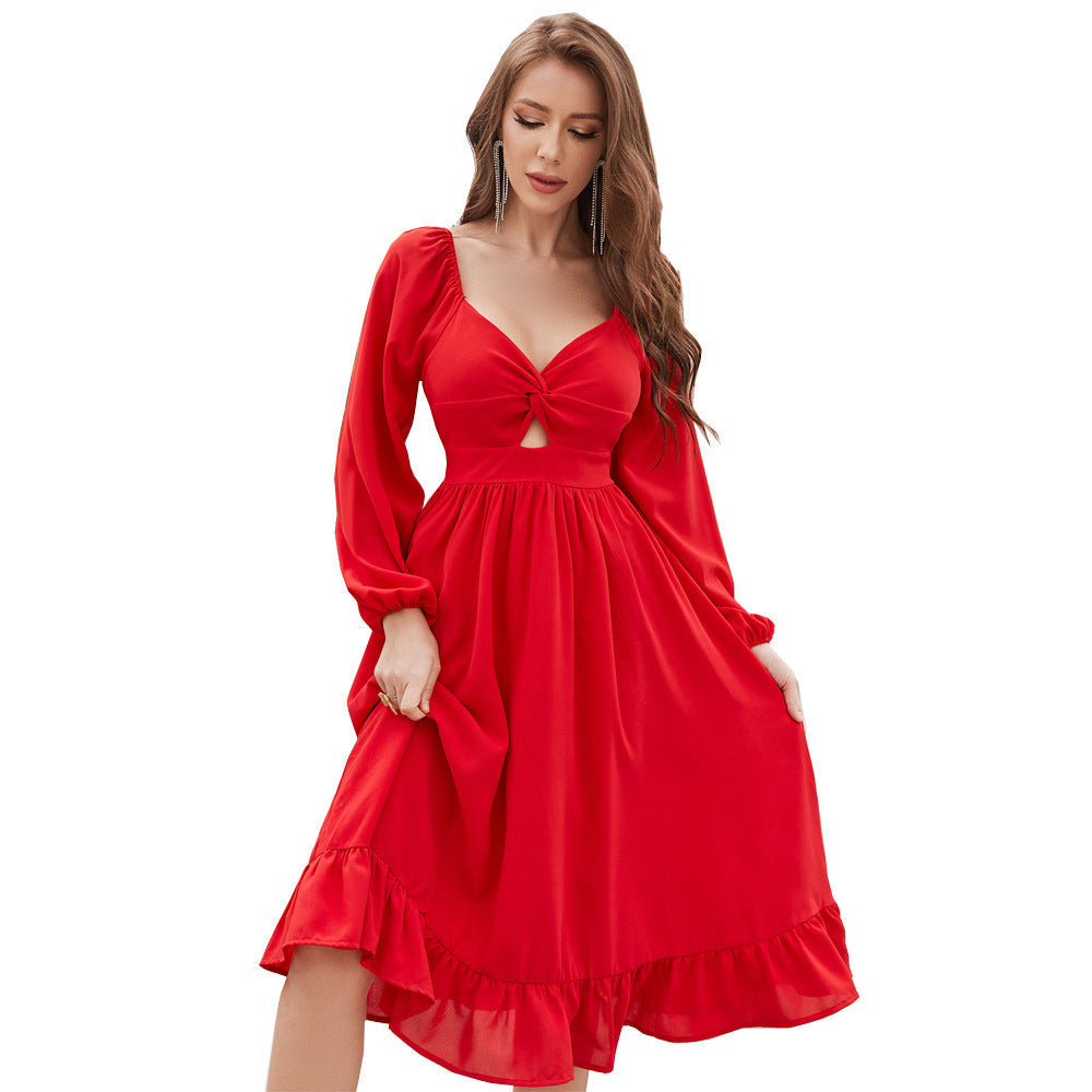 Sweetheart Twist Front Cutout Long Puff Sleeve Ruffle Hem Midi Dress