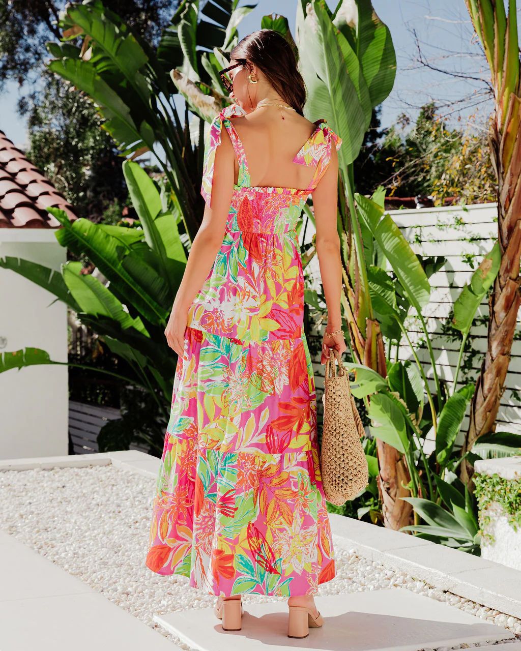 Square Neck Tie Shoulder Smocked Bodice Tiered Tropical Floral Maxi Dress