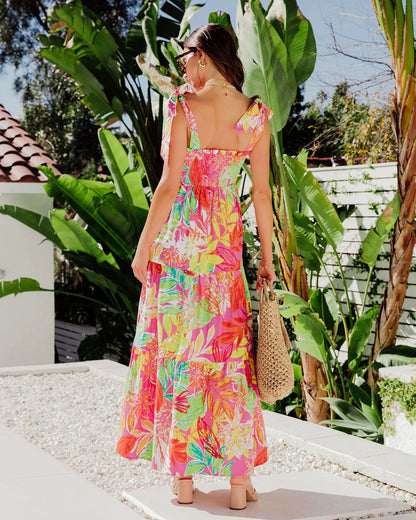 Square Neck Tie Shoulder Smocked Bodice Tiered Tropical Floral Maxi Dress
