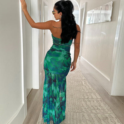 Printing Dress Sleeveless Halter Backless Slit Casual Dress