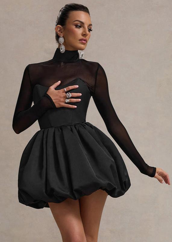 Mock Neck Sheer Sleeve Sweetheart Bubble Hem Mini Dress