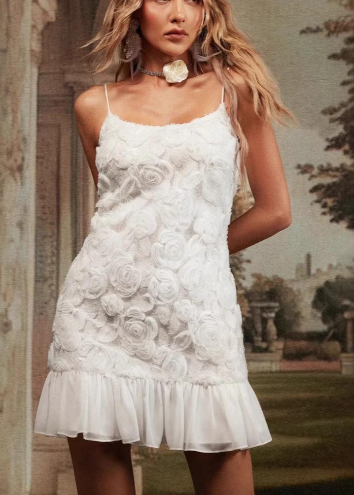 Spaghetti Strap 3D Floral Applique Chiffon Ruffle Hem Bodycon Mini Dress