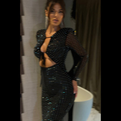 Rhinestone Embellished Tie Front Cutout Padded Shoulder Bodycon Midi Dress