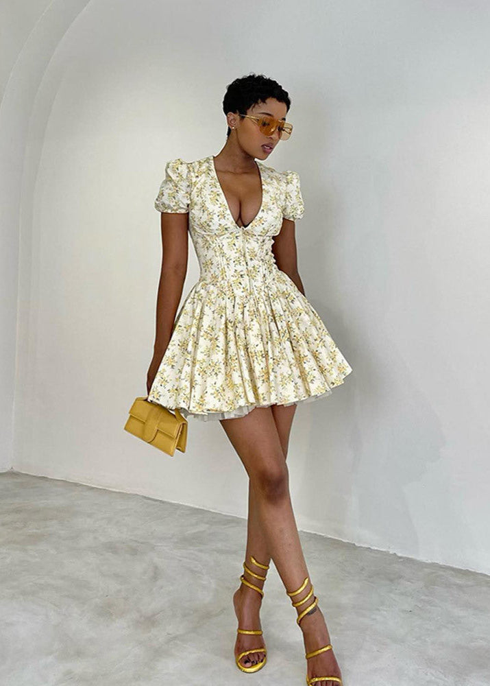 Deep V Neck Puff Sleeve Ditsy Floral Print Skater Mini Dress