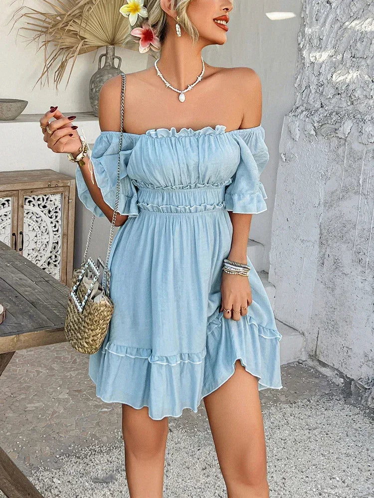 Light Blue Ruffle Mini Dress Off Shoulder Summer Dress
