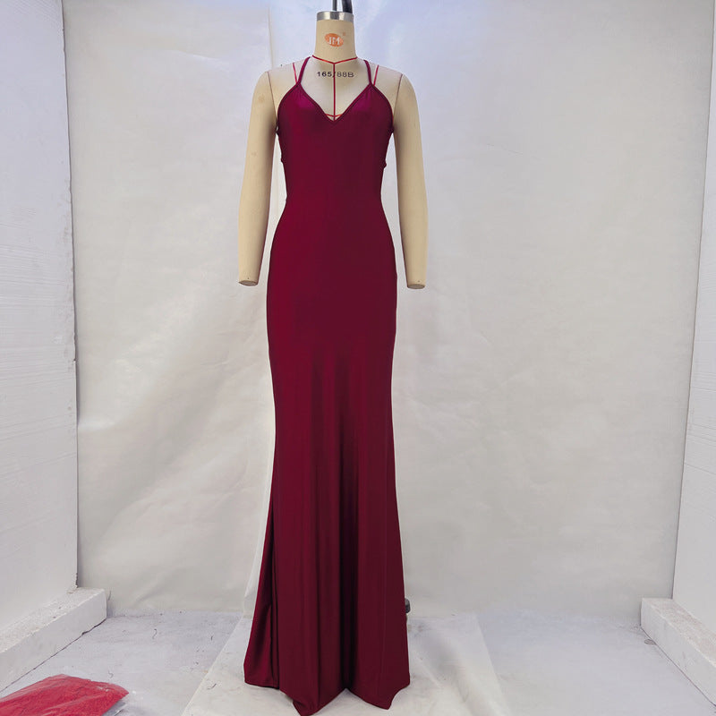 Plunging V Neck Lace Up Back Mermaid Train Satin Maxi Gown