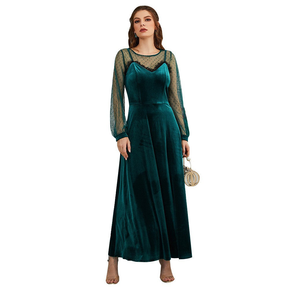 Long Sleeve round Collar Gauze Lace Velvet Cami Dress