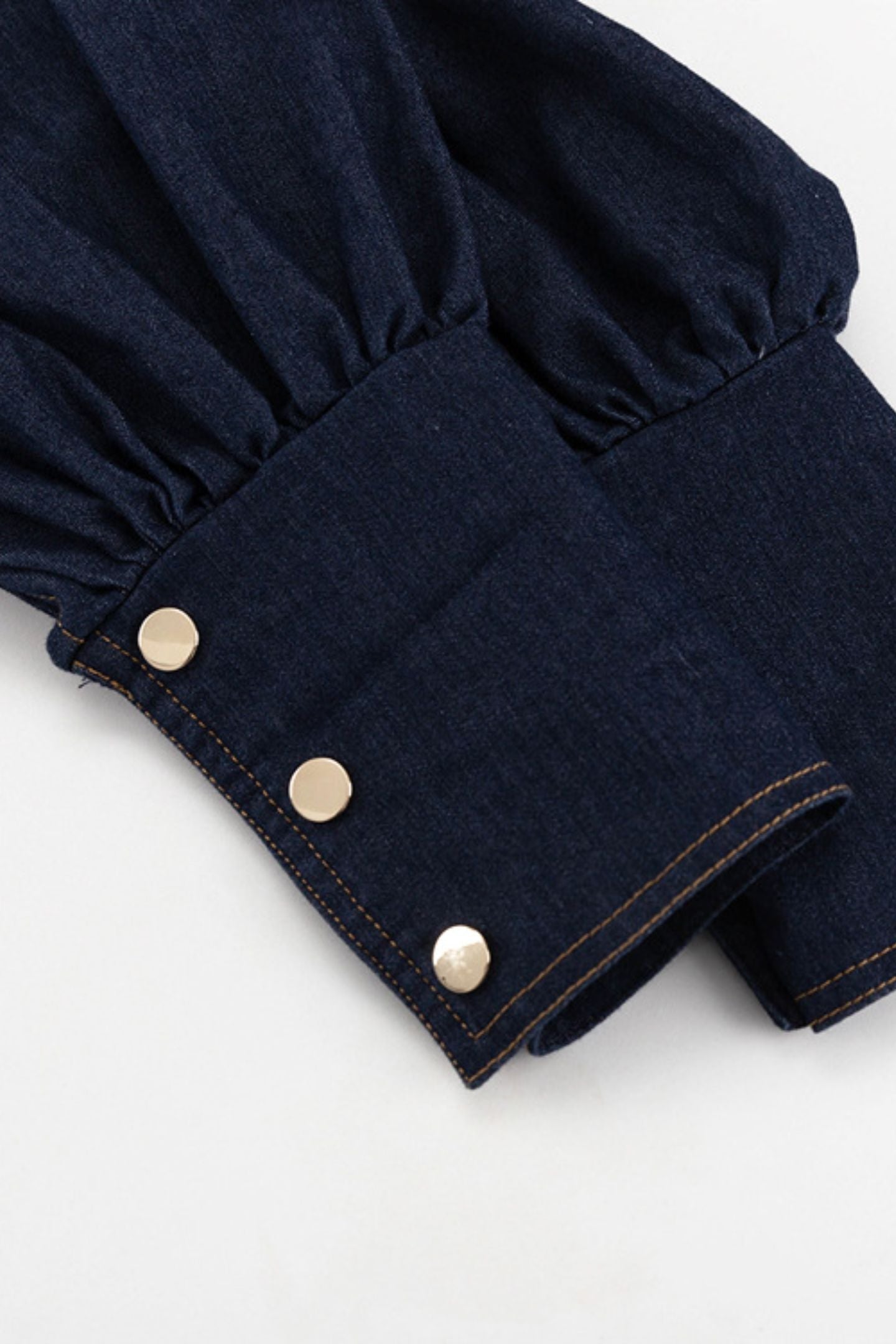 Mandarin Collar Puff Sleeve Button Front Denim Fit and Flare Mini Dress
