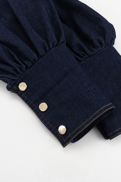 Mandarin Collar Puff Sleeve Button Front Denim Fit and Flare Mini Dress