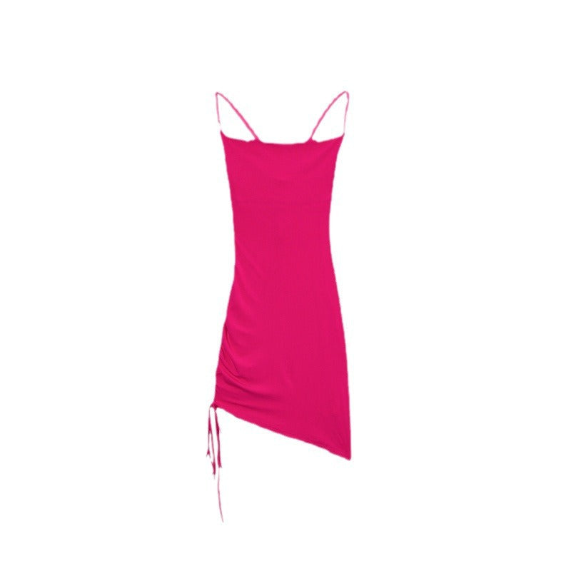 Cowl Neck Spaghetti Strap Side Ruched Asymmetric Hem Mini Dress