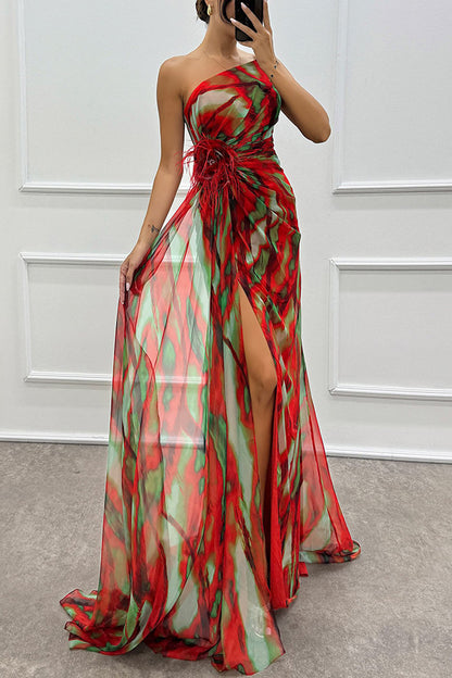 Fairy Watercolor Design Printed Feather Rose Details Off Shoulder Sexy Folded Open Skirt