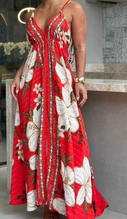 Ladies Strapless V-neck Women's Beach Halter Backless Printed Fairy Long Temperament Dresses Swing Dresses